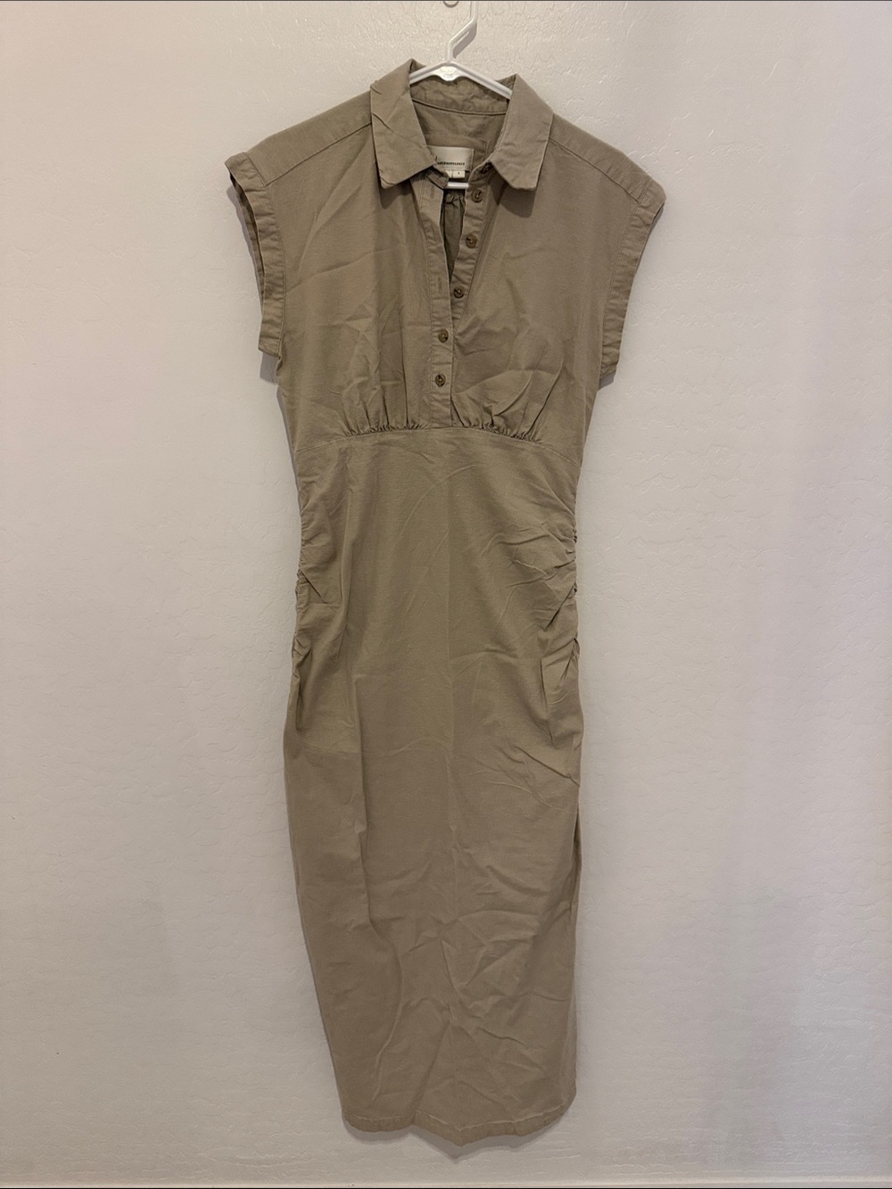Anthropologie Sleeveless Collared Midi Dress in Khaki
